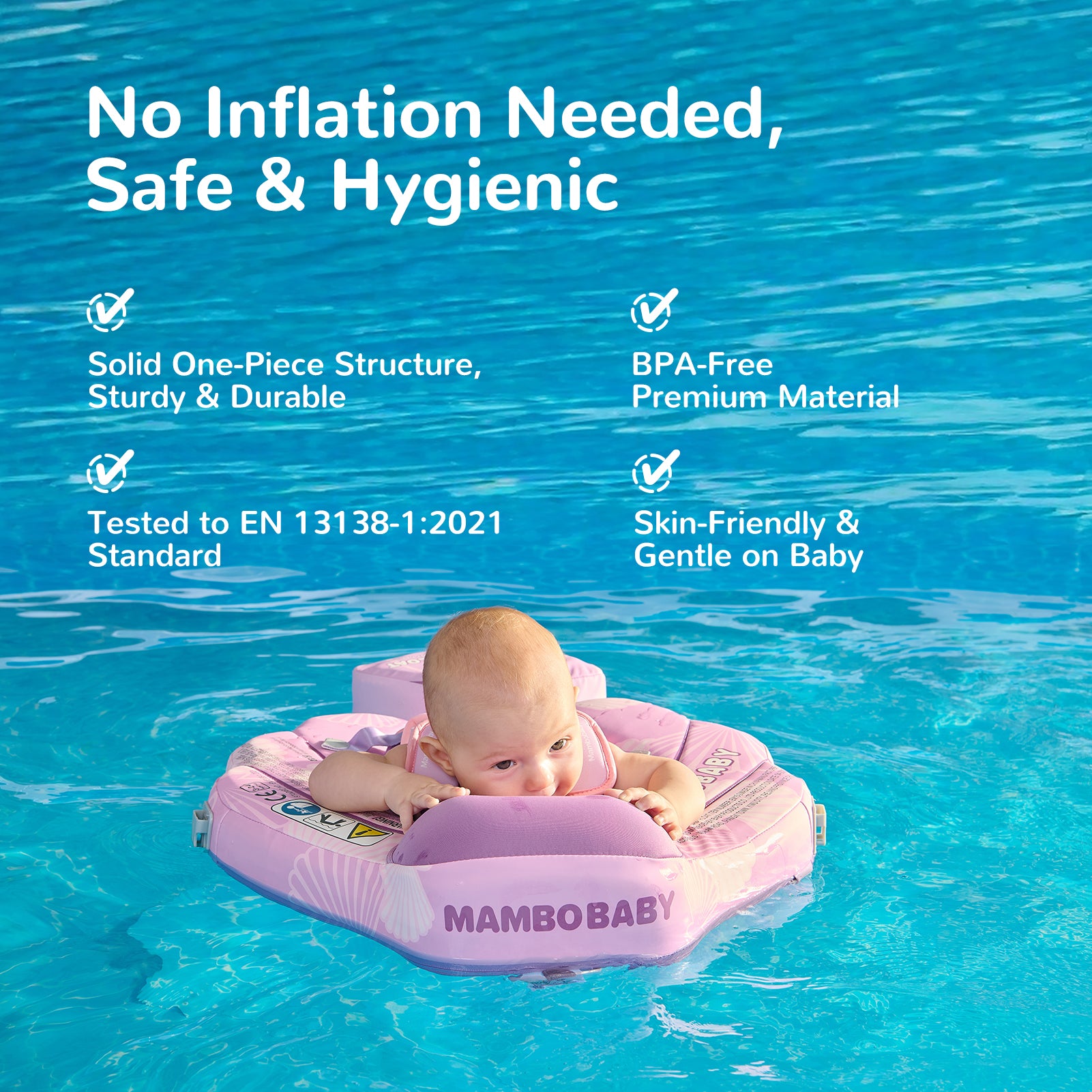 Mambobaby float seashell in green, a non-inflatable infant pool float for backstroke or breaststroke