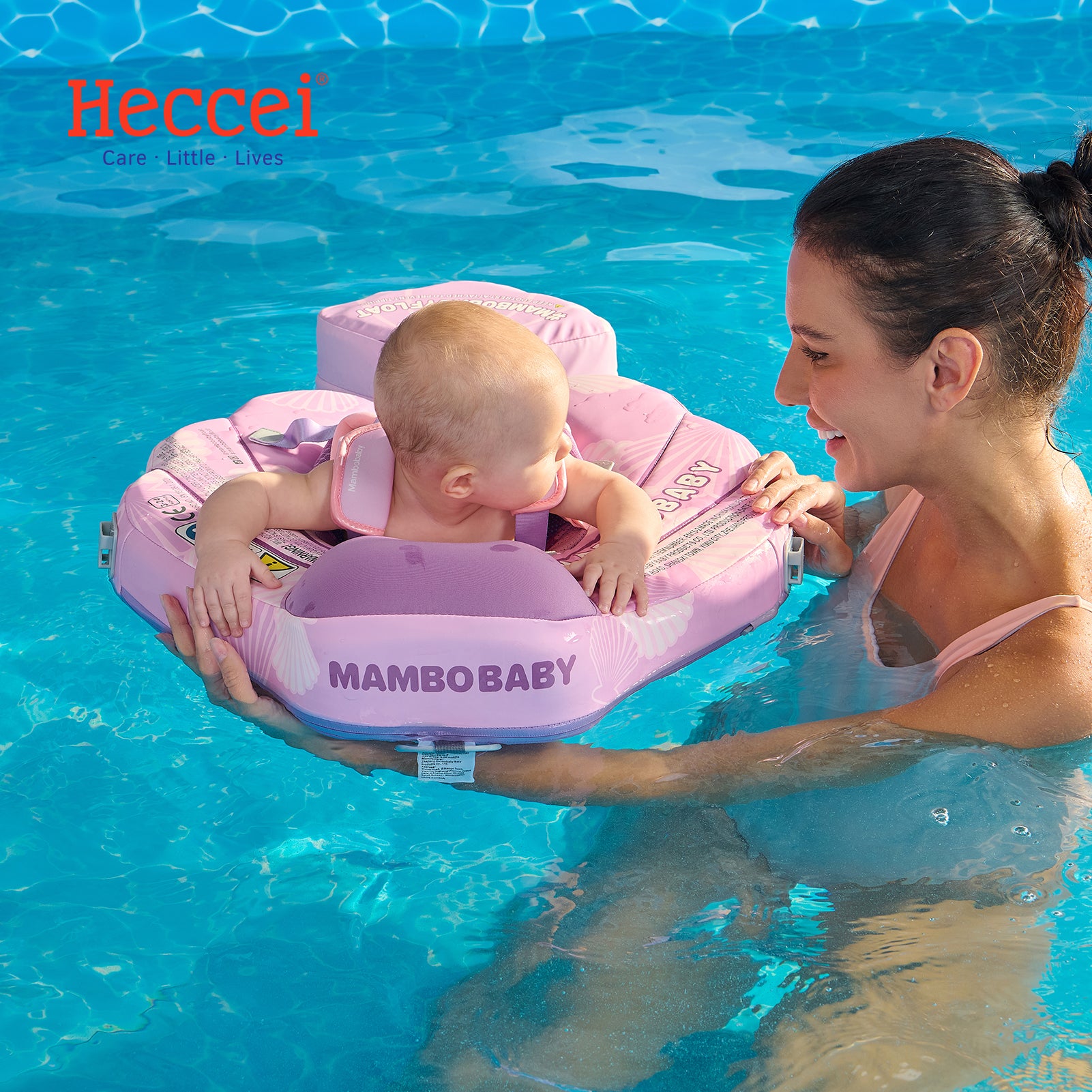 Mambobaby float seashell in green, a baby wearing the non-inflatable foam float in a pool, backstroke position, no canopy.
