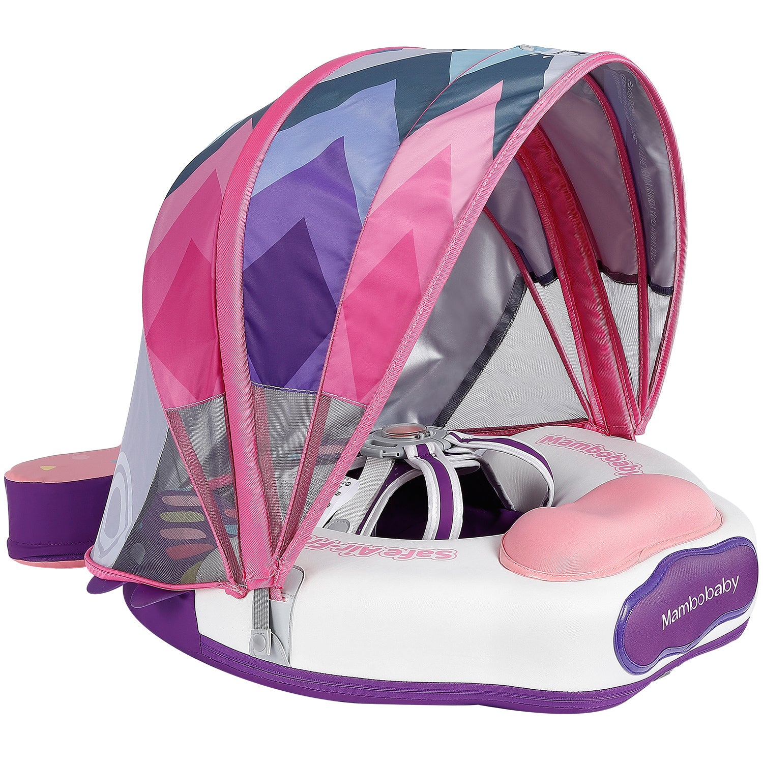 Mambobaby Float Colorfish on a baby in a pool—infant pool float 0-3 months with canopy and tail, blue fins, harness, pearl