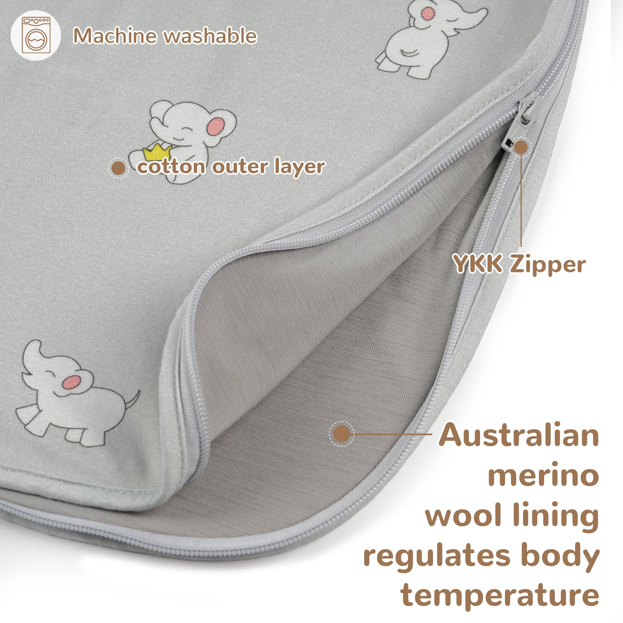 All-Season Merino Sleep sack - Snackyphant Grey
