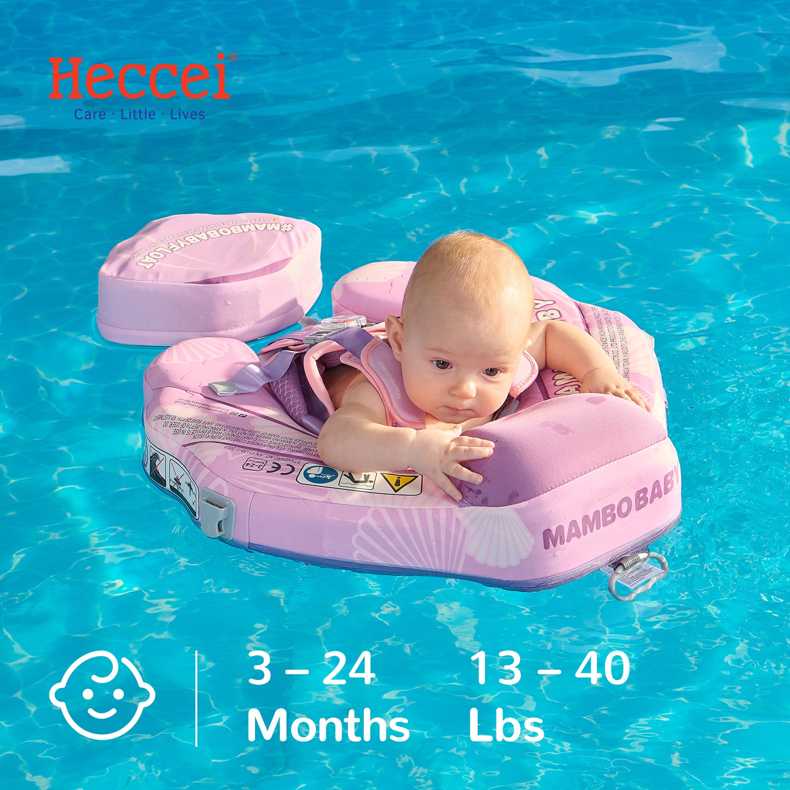 Mambobaby float seashell in green, infant lying on back in pool, soft foam float with safety buckle, no canopy.